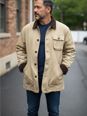 Vintage Barn Chore Coat Jacket XXL Tan Corduroy Flip Cuffs Leather Collar